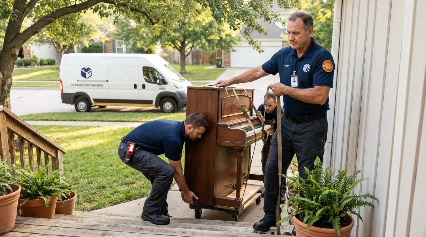 Licensed piano movers securing grand piano in Marco Island, FL