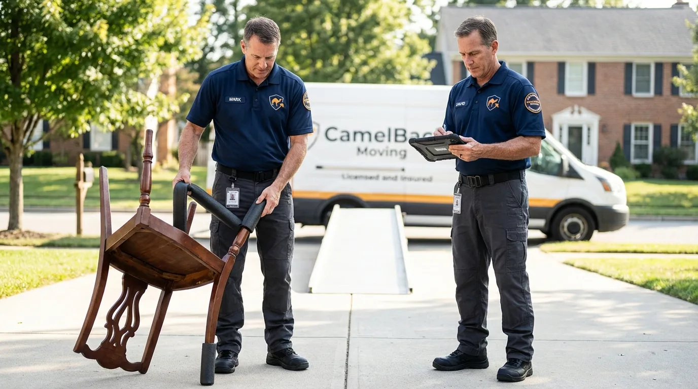 Movers inspecting furniture for damage prevention before loading in Marco Island, FL