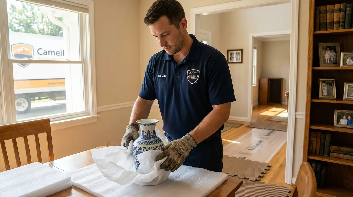 Professional crew carefully wrapping antique vase for senior downsizing move in Marco Island, FL